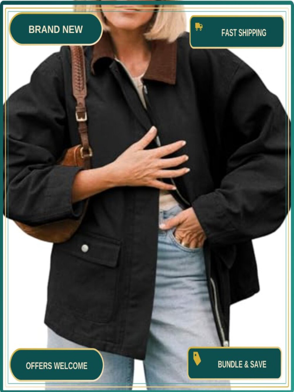 Womens Oversized Utility Jacket Corduroy Collar Zip Safari Trench Coat with